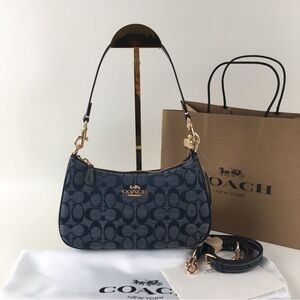 Coach Navy Jacquard Mini Shoulder Bag with Gold Hardware